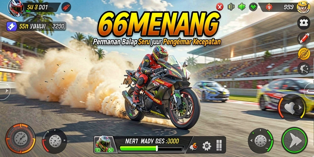 Screenshot gameplay 66MENANG menampilkan adrenalin tinggi saat balapan.