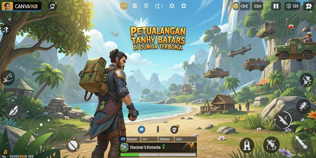 Screenshot menunjukkan karakter menjelajahi dunia terbuka yang luas.
