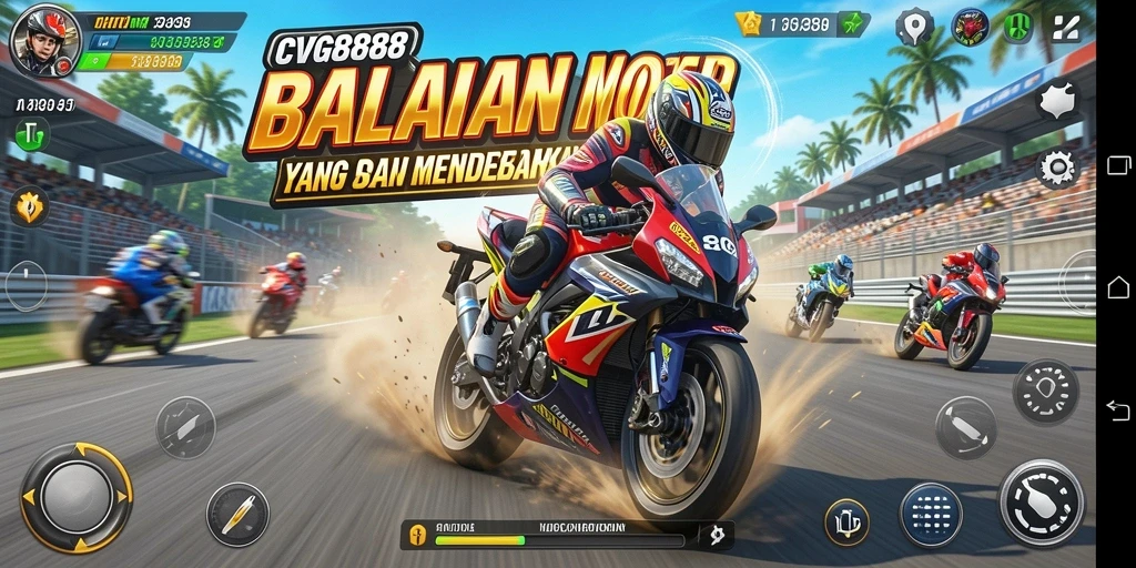 Screenshot gameplay CVG8888 yang menunjukkan aksi balapan motor yang mendebarkan.
