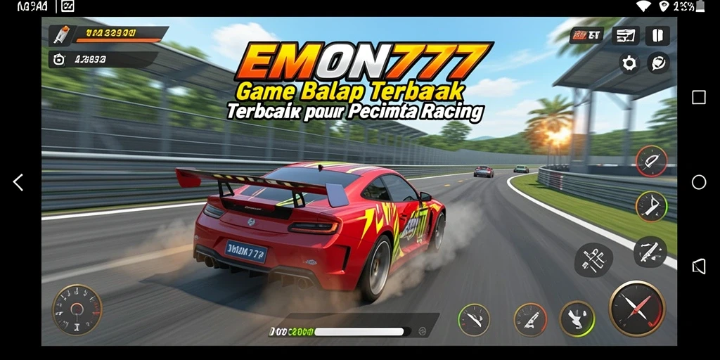 Screenshot gameplay EMON777 menunjukkan balapan yang mendebarkan.