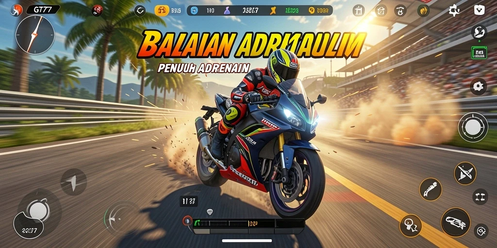 Screenshot gameplay GT777 dengan aksi balapan motor yang menegangkan.