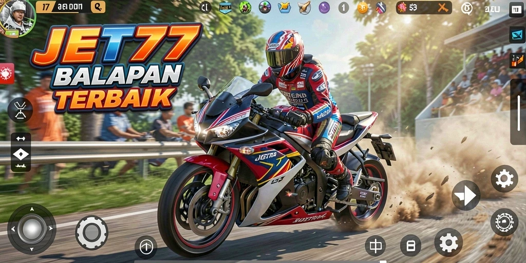 Screenshot gameplay JET77 menampilkan aksi balapan motor yang mendebarkan.