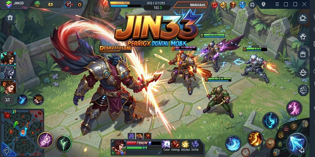 Screenshot gameplay seru dalam JIN33 yang menunjukkan aksi pertarungan MOBA.