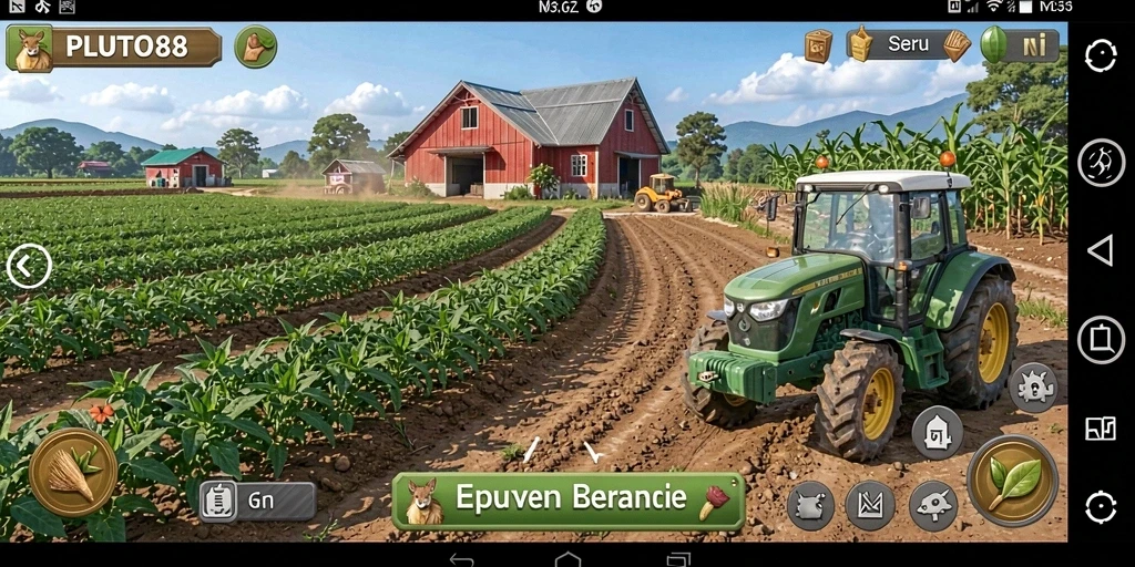 Tampilan gameplay PLUTO88 menampilkan pertanian yang penuh warna.