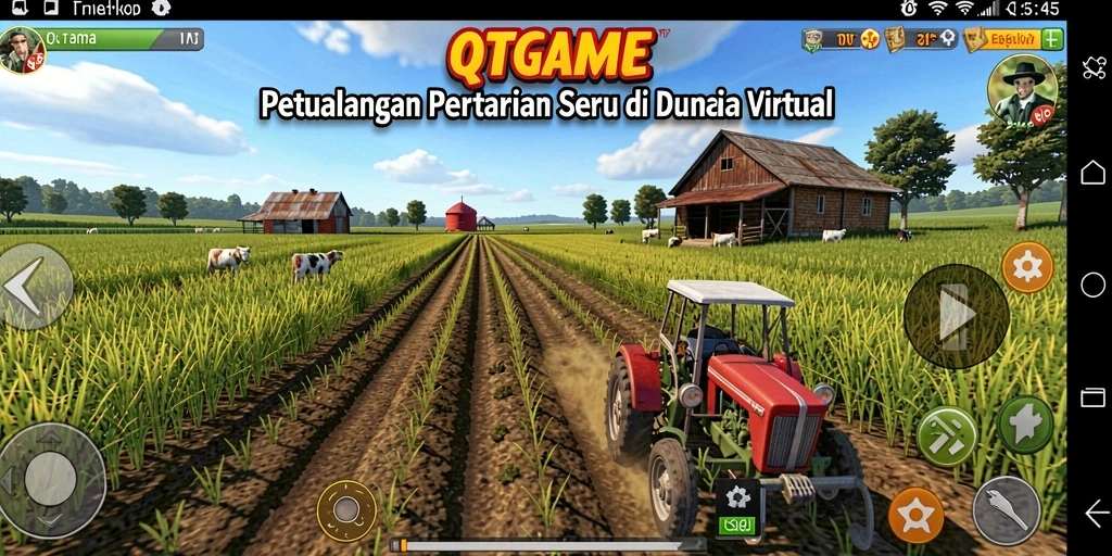 Screenshot gameplay QTGAME yang menampilkan ladang subur dan hewan ternak.